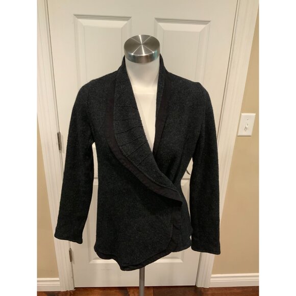Guinevere Dark Gray 100% Wool Asymmetrical Cardigan W/ Leather Trim, Size Small - Picture 1 of 7
